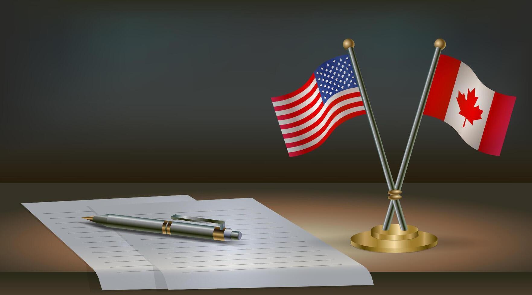 USA and Canada flags on table in office. International relations on a dark gradient color background. vector