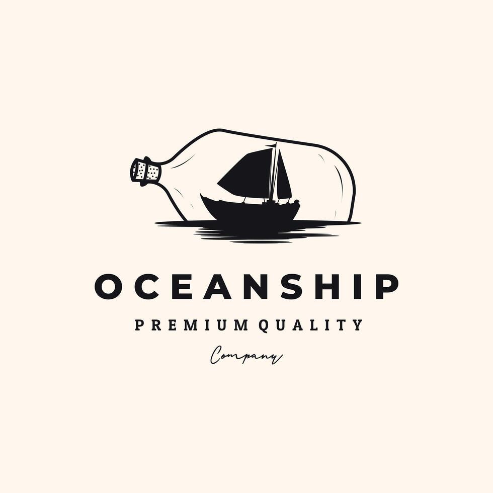 ocean sail boat vintage logo minimalist illustration design, bottle of sail boat in the ocean symbol design vector