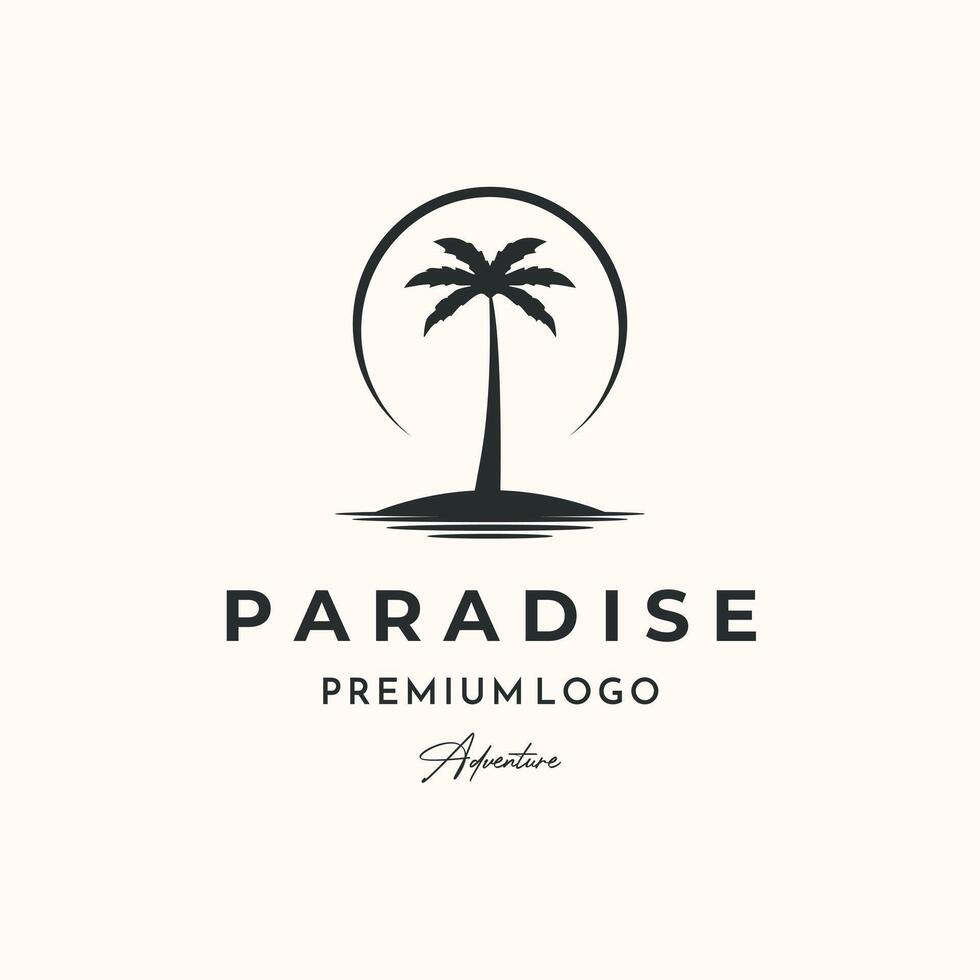 palm tree island vintage logo minimalist illustration design, paradise adventure logo design vector