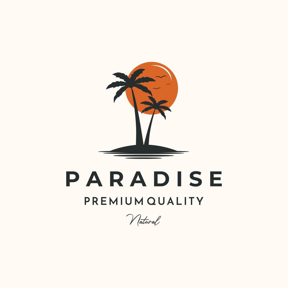 sunset beach palm tree vintage logo minimalist illustration design, paradise tourist destination symbol design vector