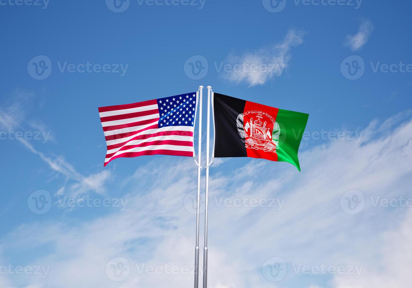 flags of afghanistan and United States of America over blue sky background. photo