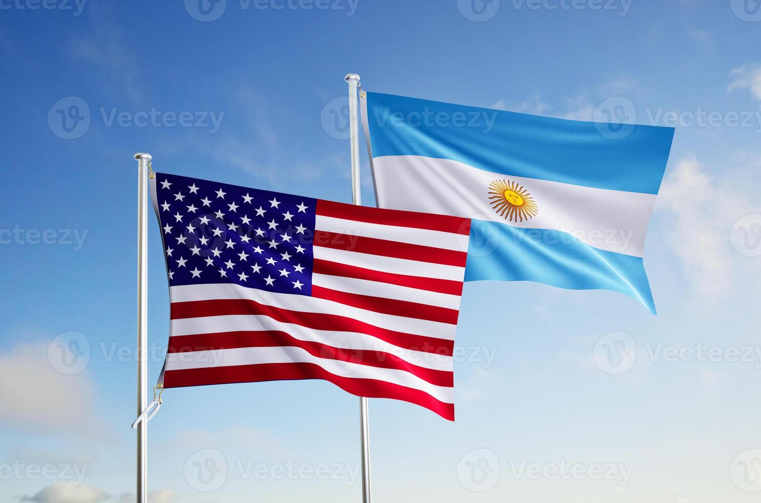flags of argentina and United States of America over blue sky background. photo