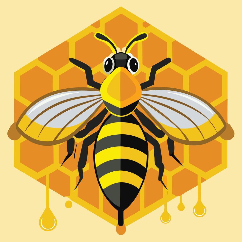 Adorable Cartoon Bee Hovering over Honeycomb, Cheerful Illustration of Honey Production - Professional digital artwork with vibrant colors and detailed composition vector