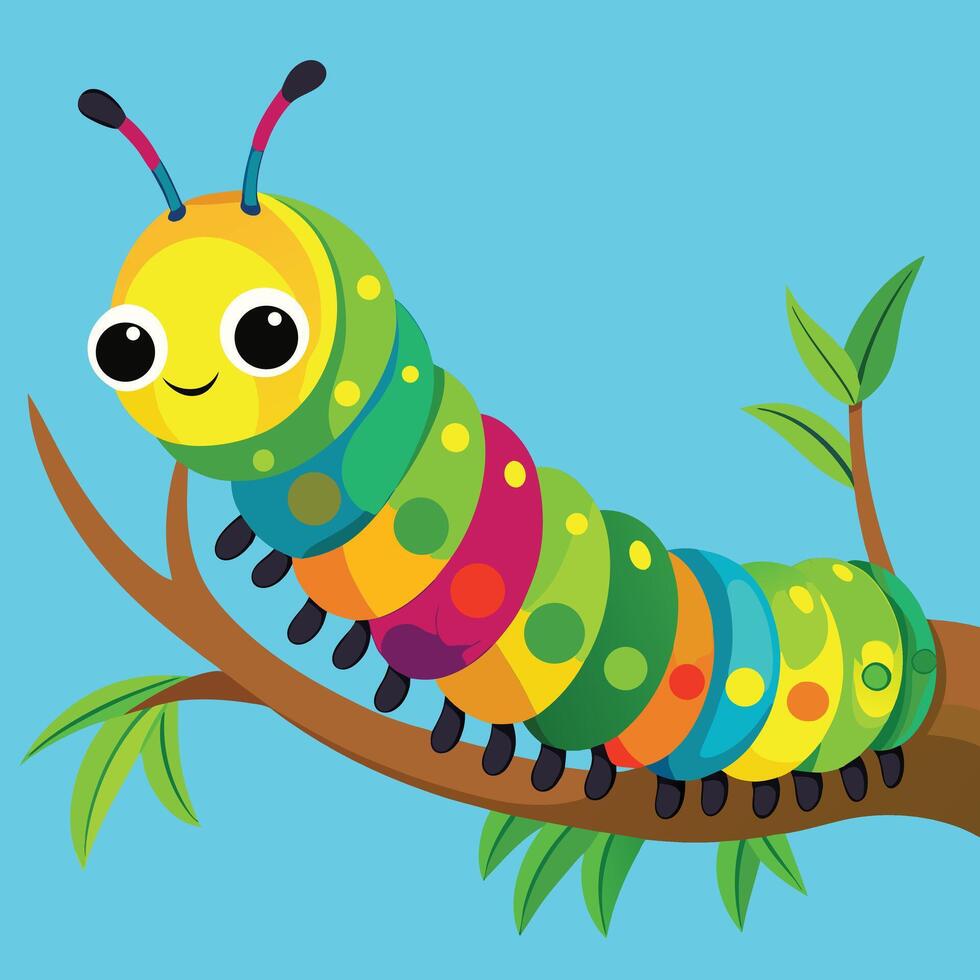 Joyful Rainbow Caterpillar Crawling on Branch, Cheerful Cartoon Illustration, Vibrant Nature Scene - Professional digital artwork with vibrant colors and detailed composition vector