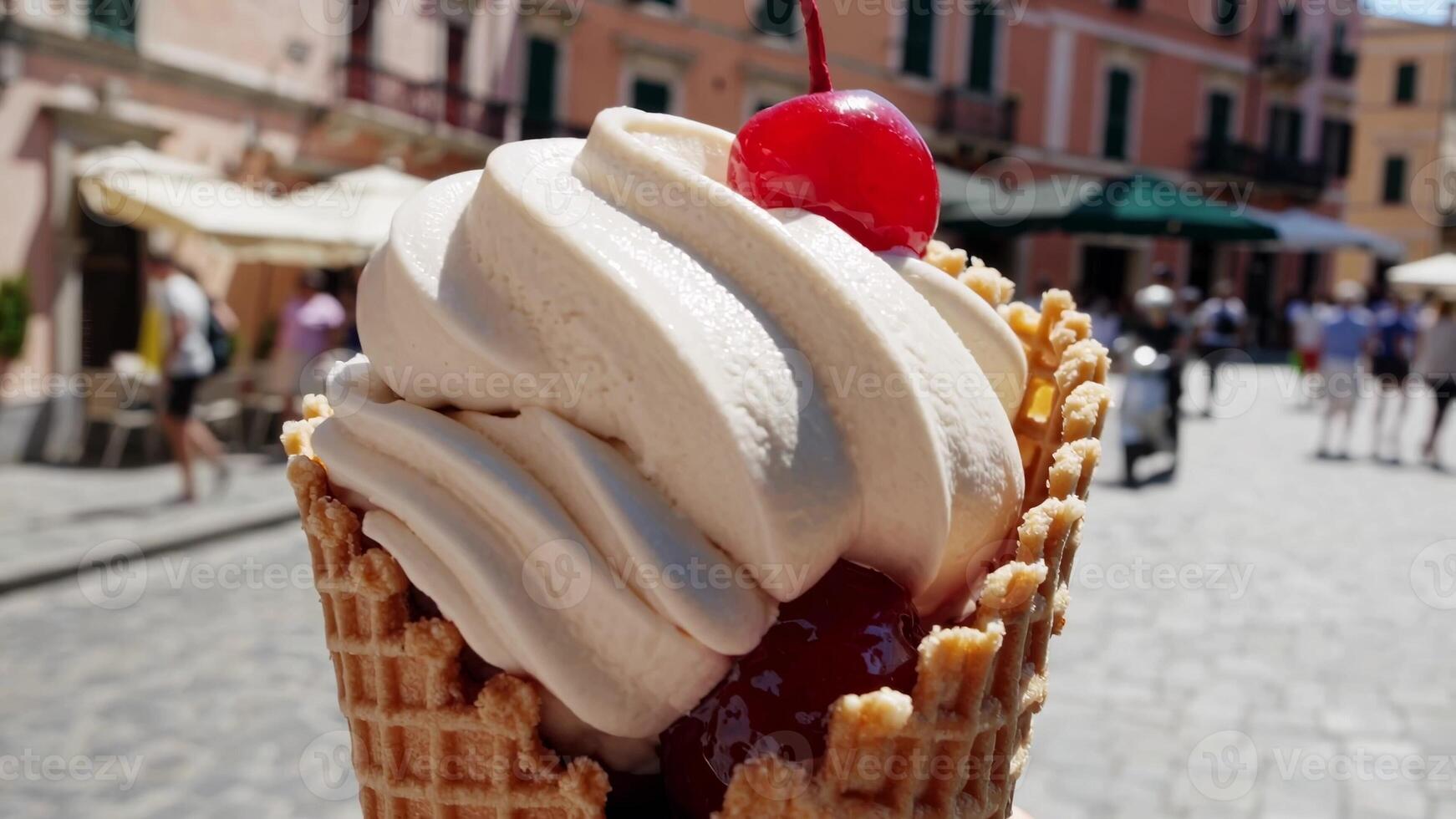 Soft vanilla ice cream swirling inside crispy waffle cone, garnished with ripe cherry and ruby compote, nestled against charming European cobblestone backdrop photo