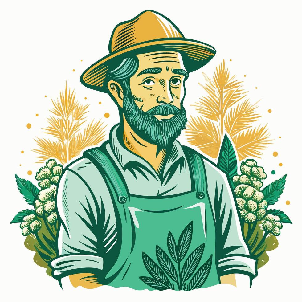 Serene Farmer in Rustic Hat Tending to Lush Green Plants in a Peaceful Countryside Setting vector