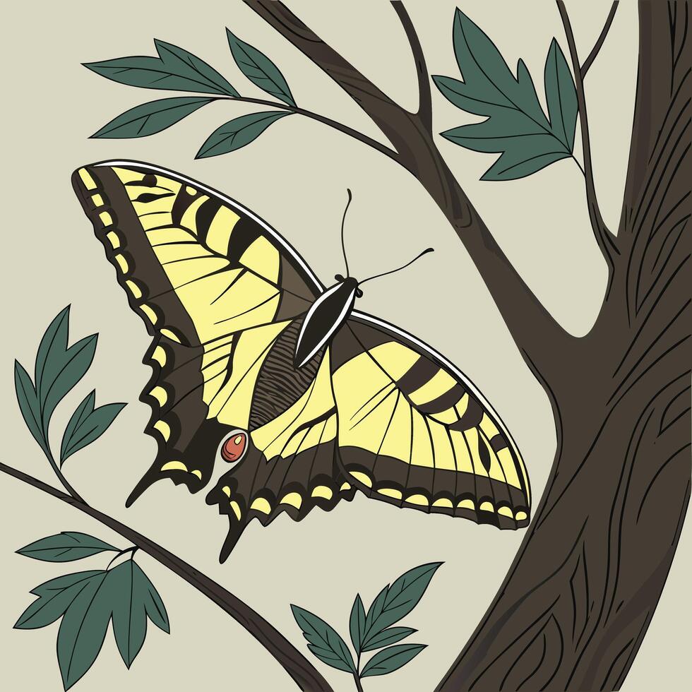 Serene Yellow Swallowtail Butterfly Resting on a Tree Branch in a Peaceful Garden Setting - Professional digital artwork with vibrant colors and detailed composition vector