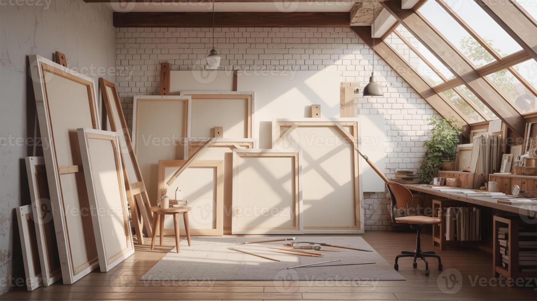 Cozy Studio Scene with Canvases and Exposed Brick photo