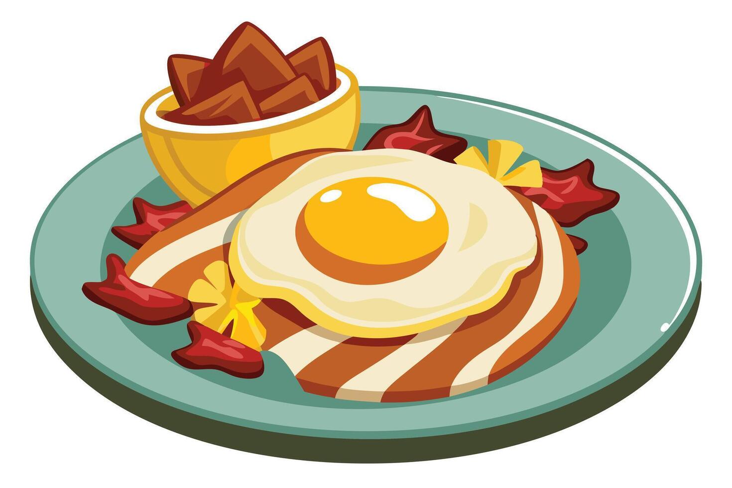 Delightful Sunny-Side Up Egg Breakfast Plate with Crispy Bacon, Potatoes, and Pineapple, Served on a Rustic Teal Plate vector