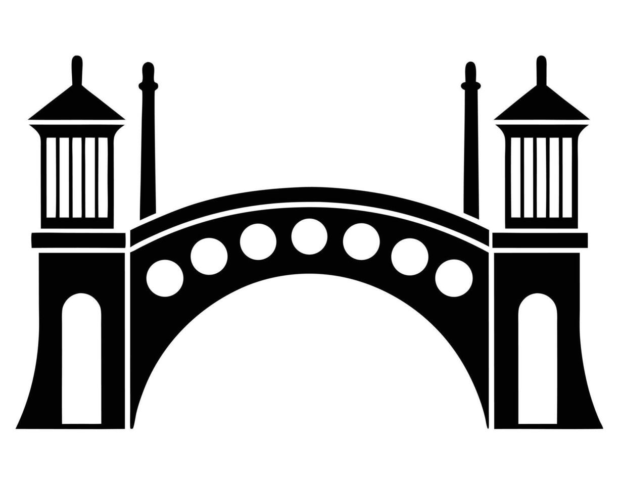 Elegant Black and White Illustration of an Arch Bridge with Towers, Serene Architectural Design, Symbolic Structure vector