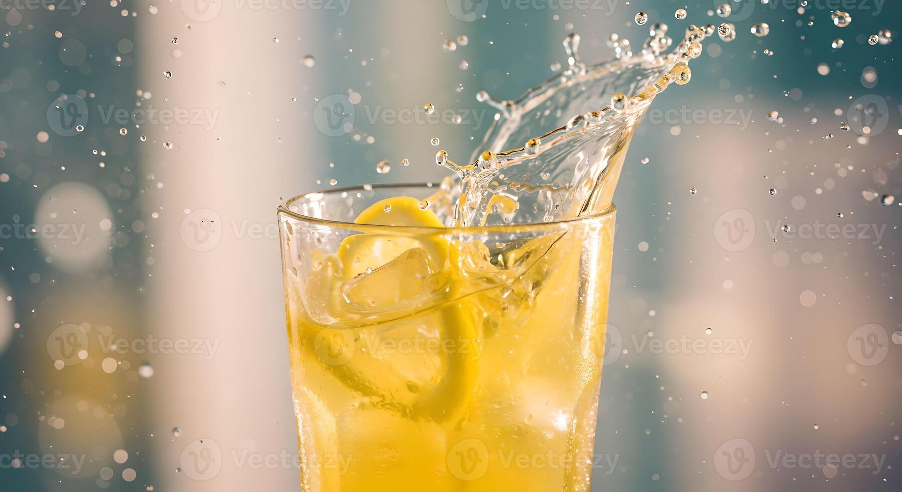 Glass with a golden liquid lemonade splashing out. Dynamic movement of beverage for refresh concept photo