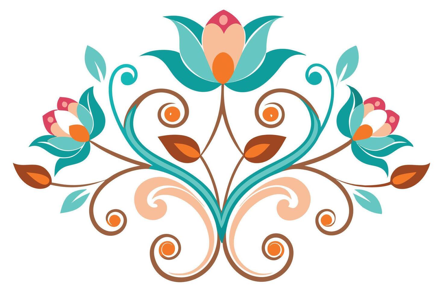 Vibrant Teal and Peach Floral Design Element A Symmetrical, Whimsical Illustration for Spring or Summer Projects vector