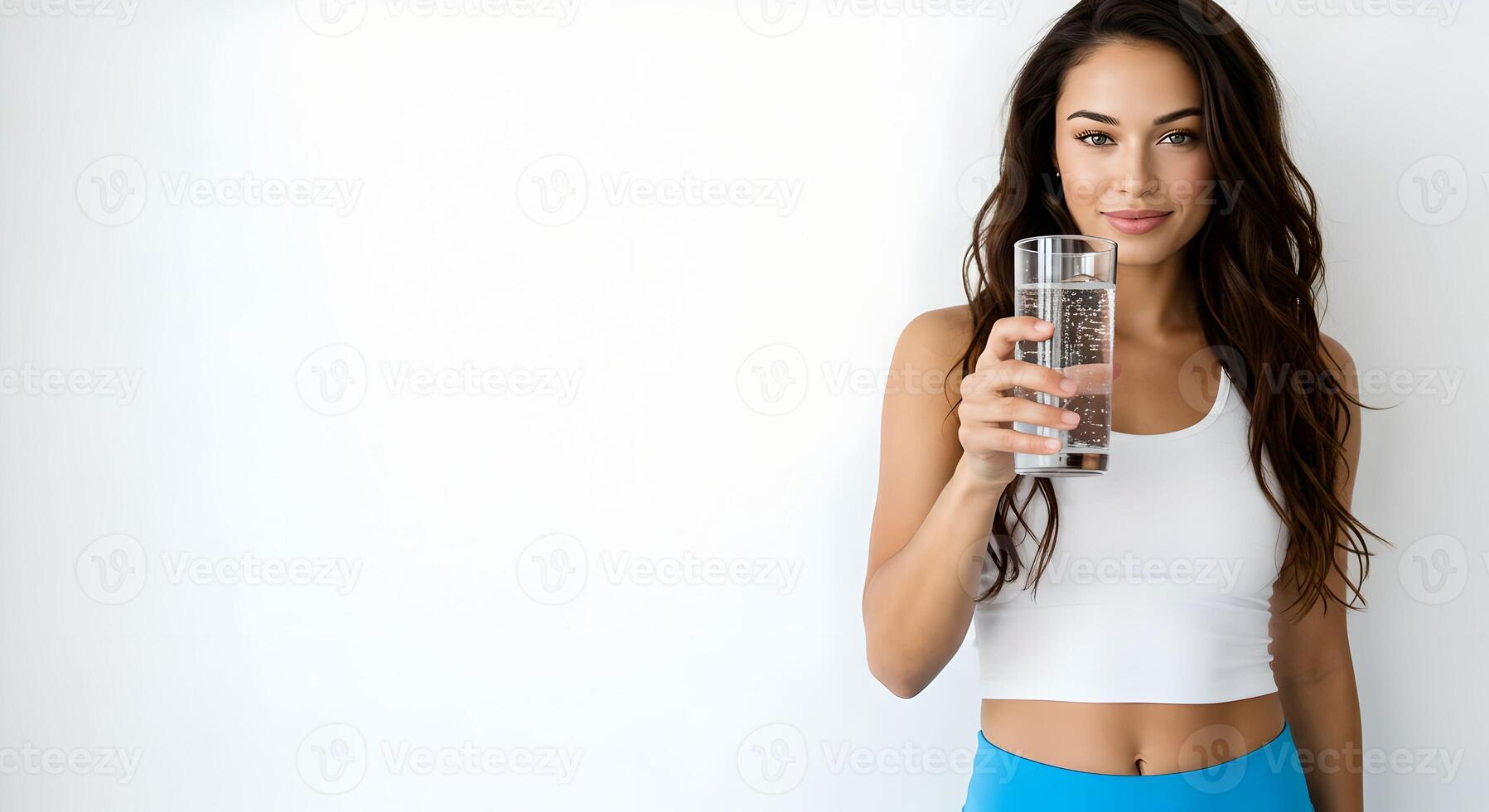 Sporty woman smiling and holds a glass of water, highlighting hydration and a healthy lifestyle. Fitness and wellness concept photo