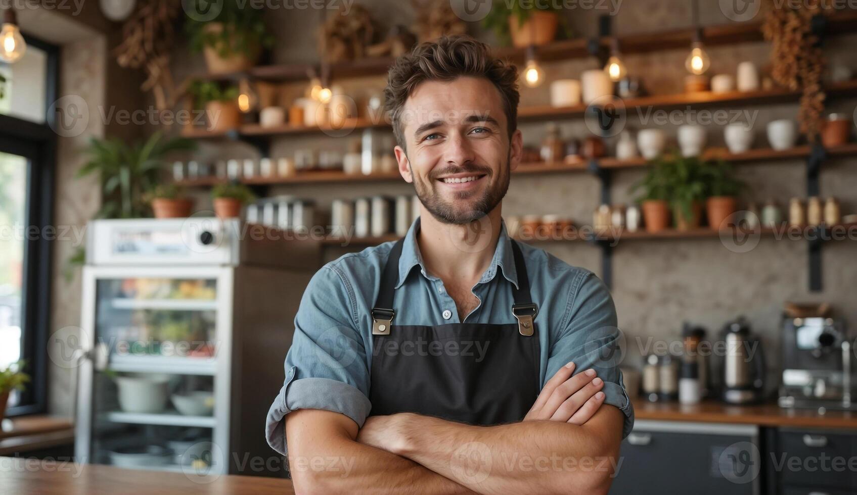 A smiling man in an apron standing in front of a counter photo