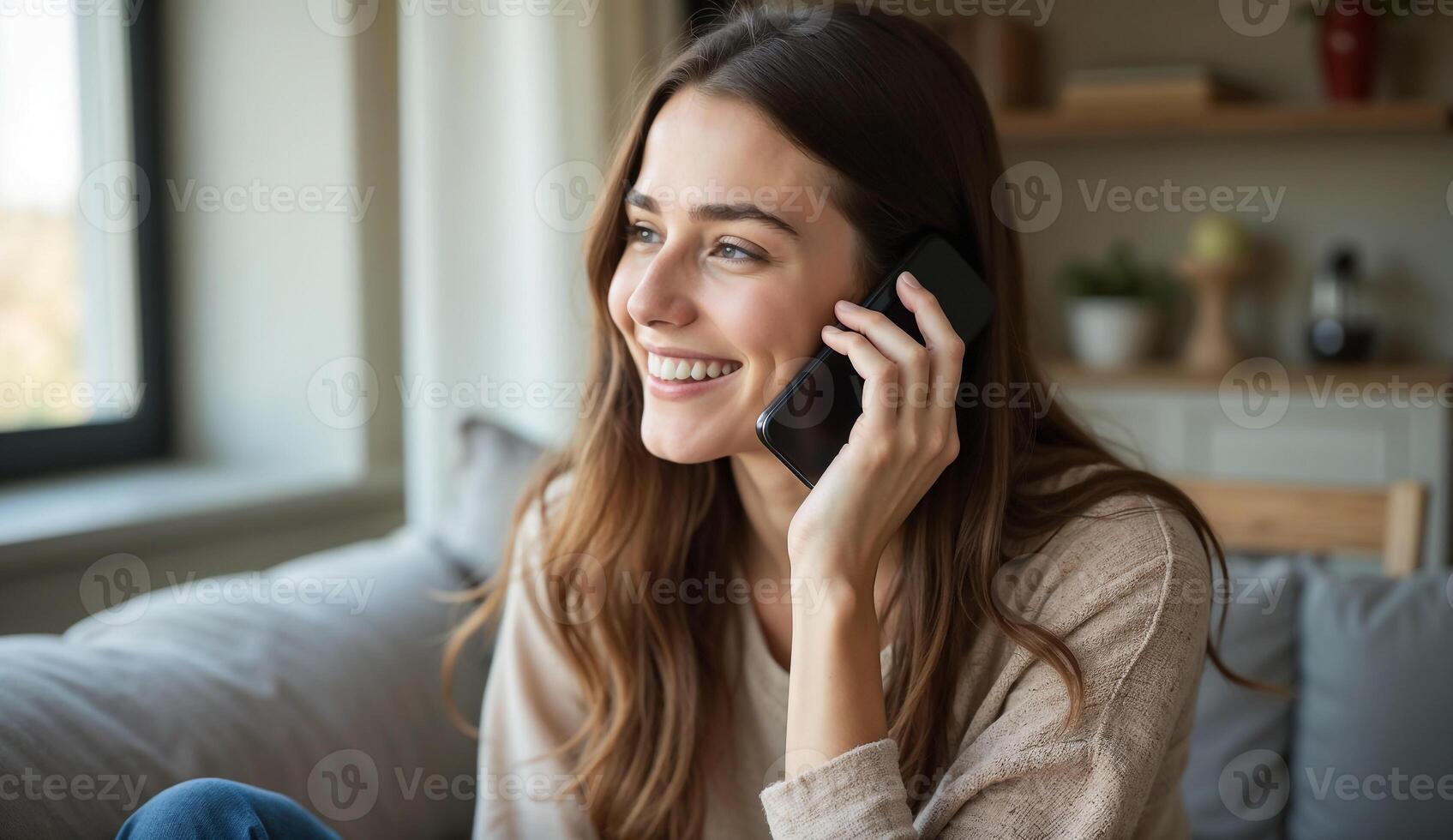 A woman is smiling while talking on a cell phone photo