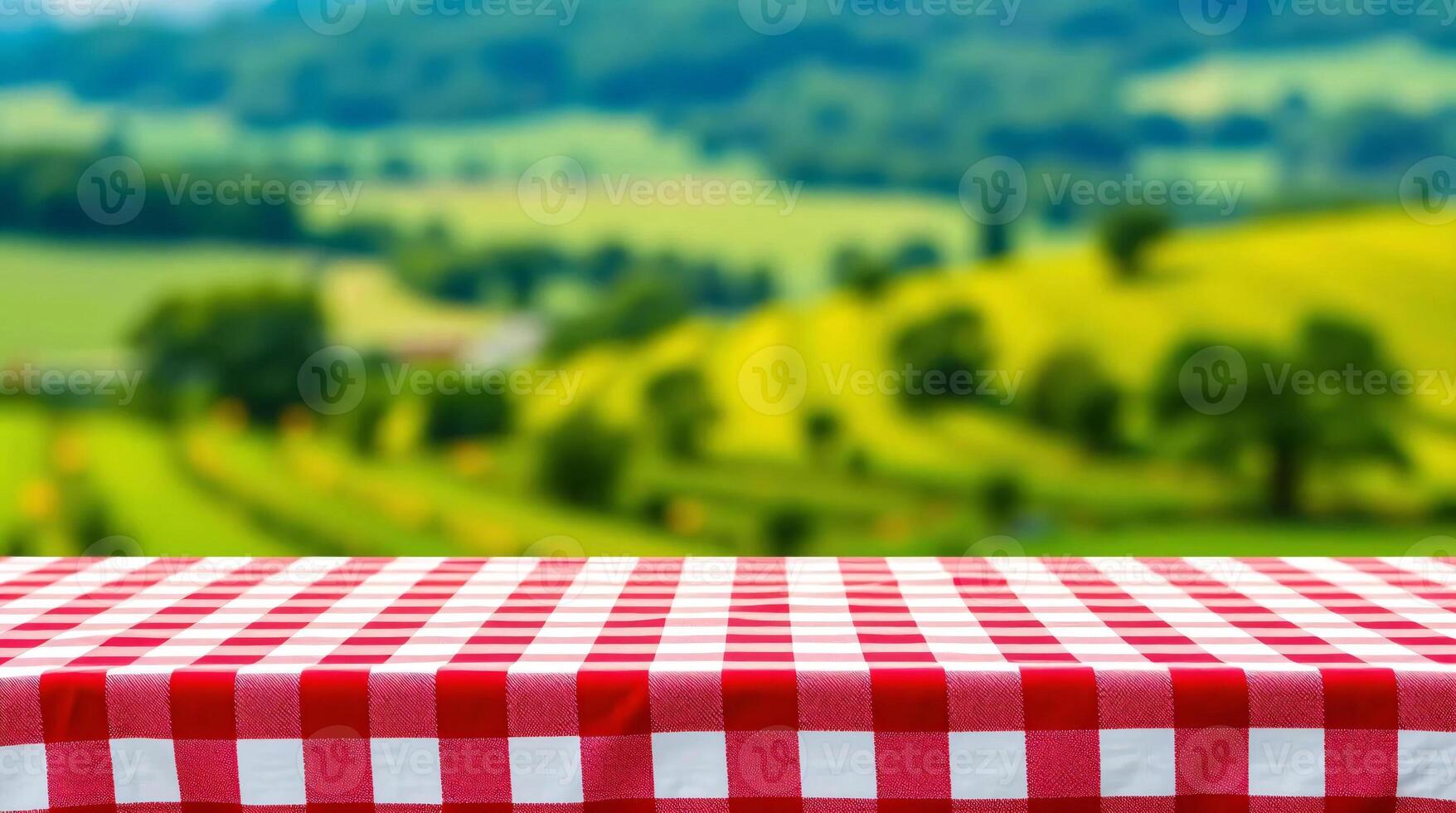 Tablecloth on the table with a view of the countryside photo