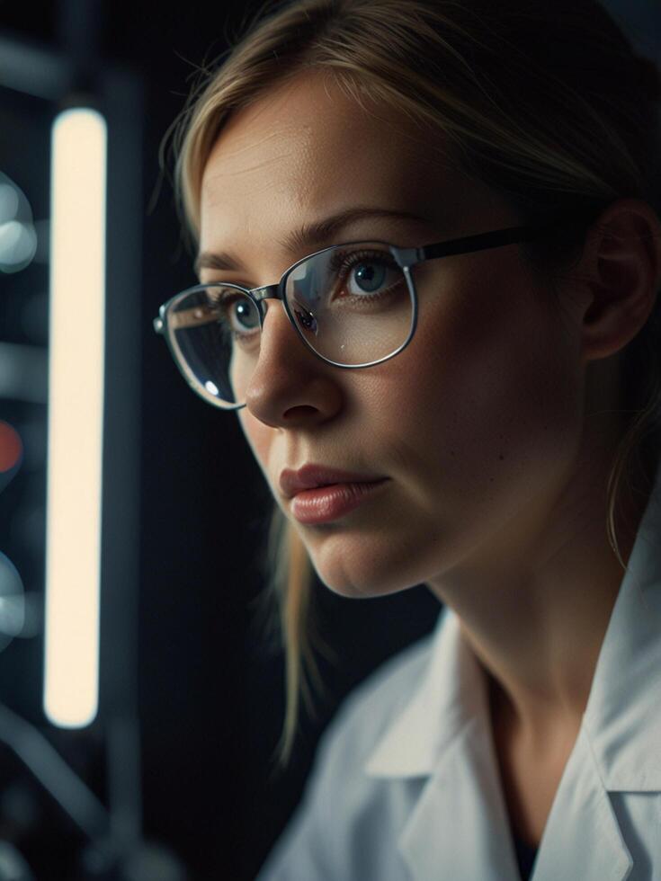 Close-up portrait of a female scientist wearing glasses, concentrating intently under cool lab lighting, reflecting dedication and precision in a scientific setting photo