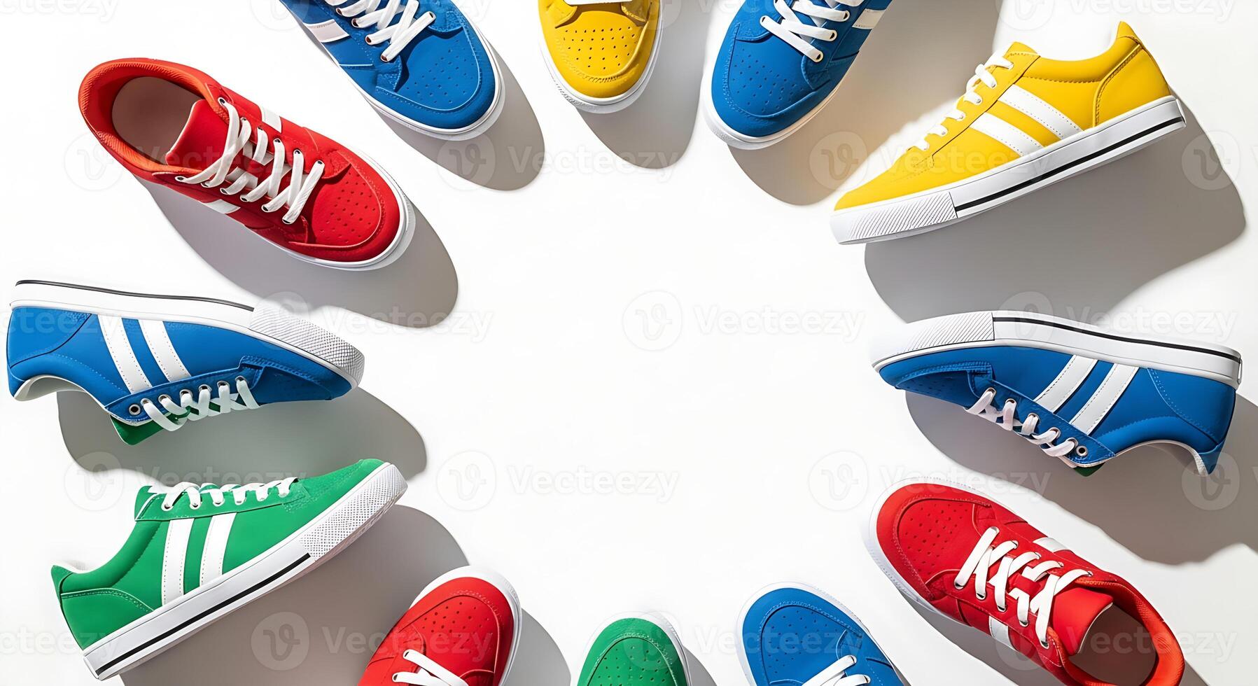 Flat Lay of Colorful Red, Blue, Yellow, and Green Sneakers Arranged in a Circle on White Background photo