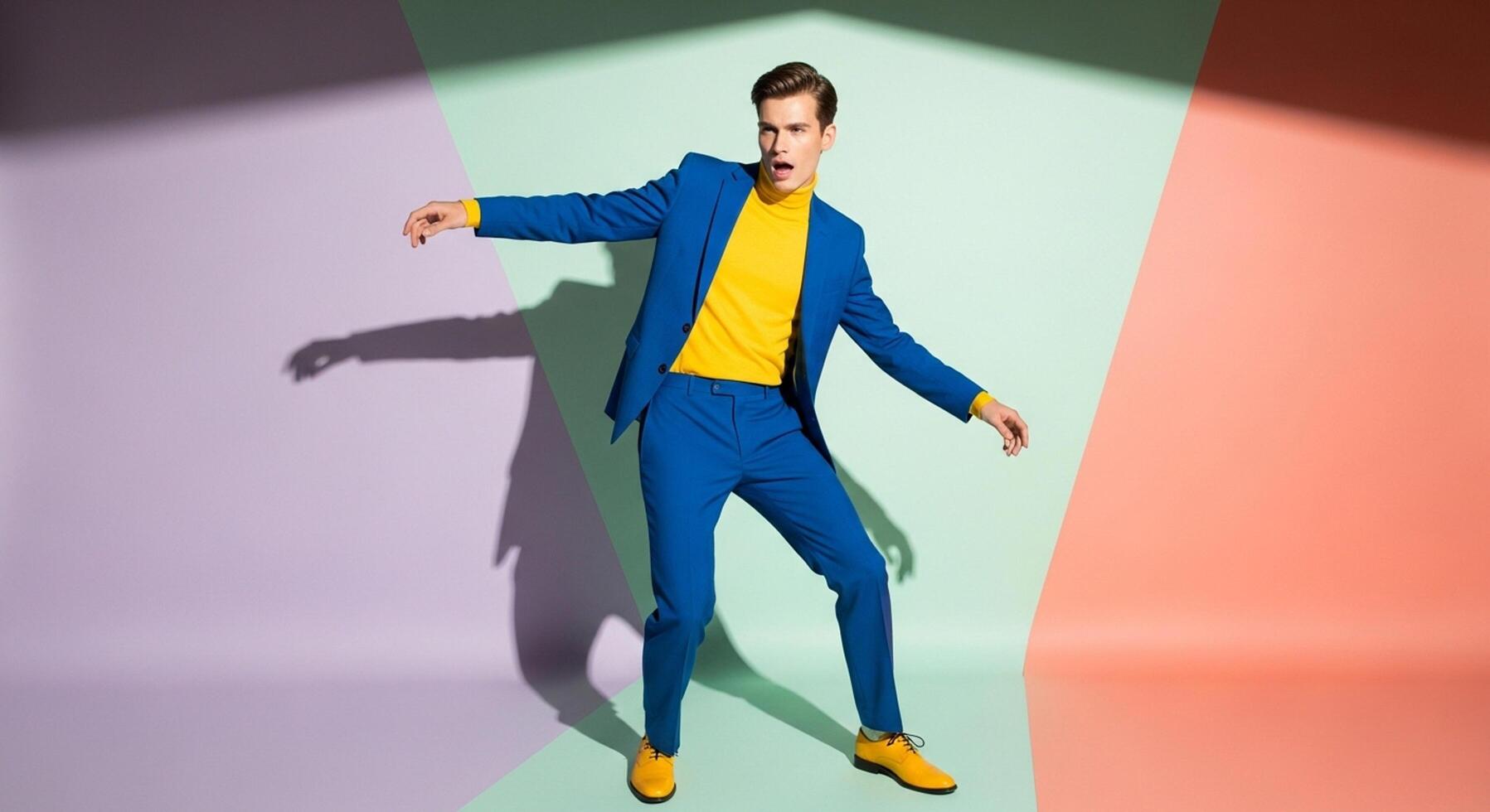 Stylish Man in Cobalt Blue Suit with Yellow Turtleneck Against Pastel Color Block Background photo