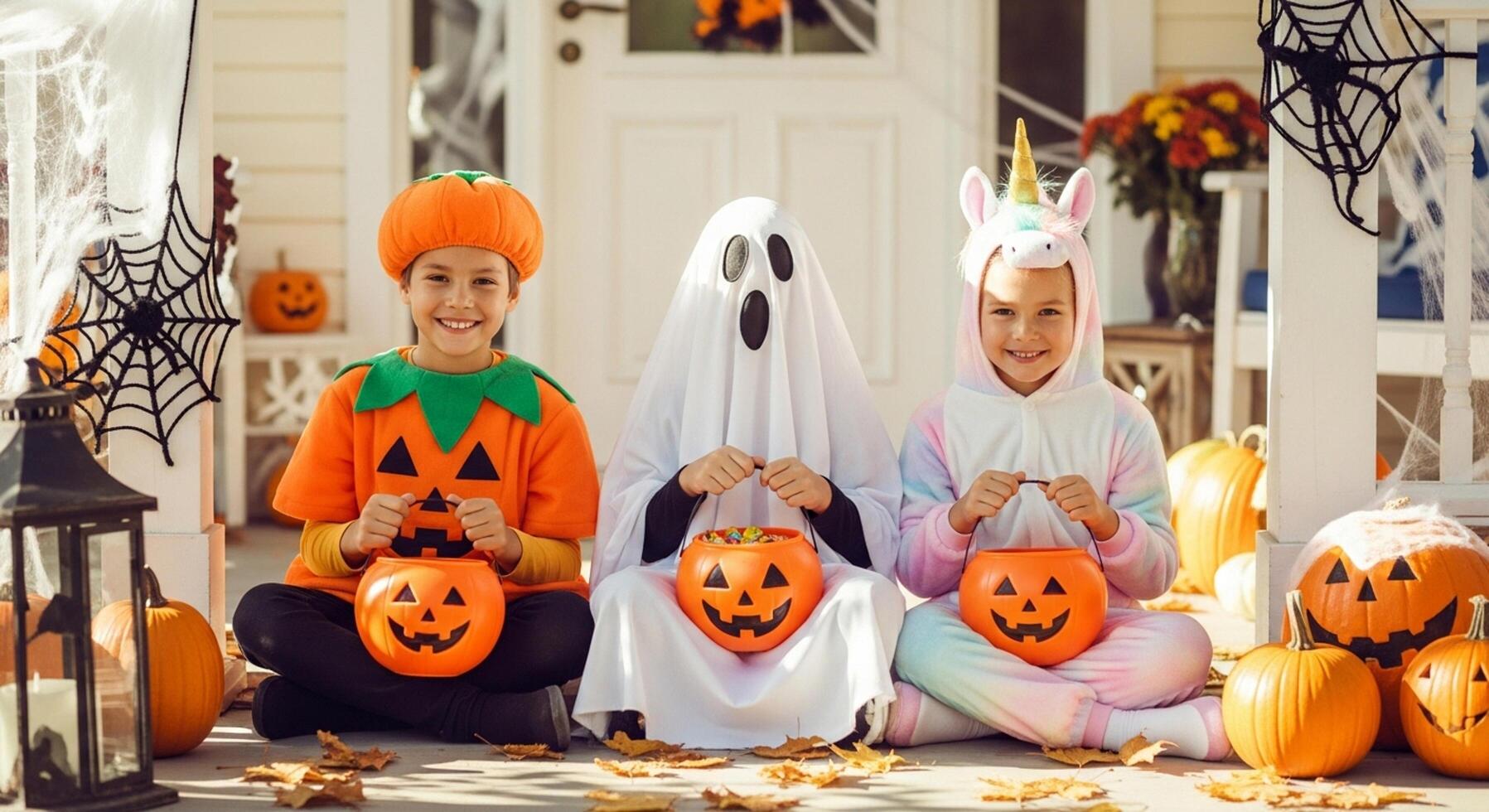 Smiling Kids in Pastel Halloween Costumes Holding Glowing Pumpkins with Floating Candy photo