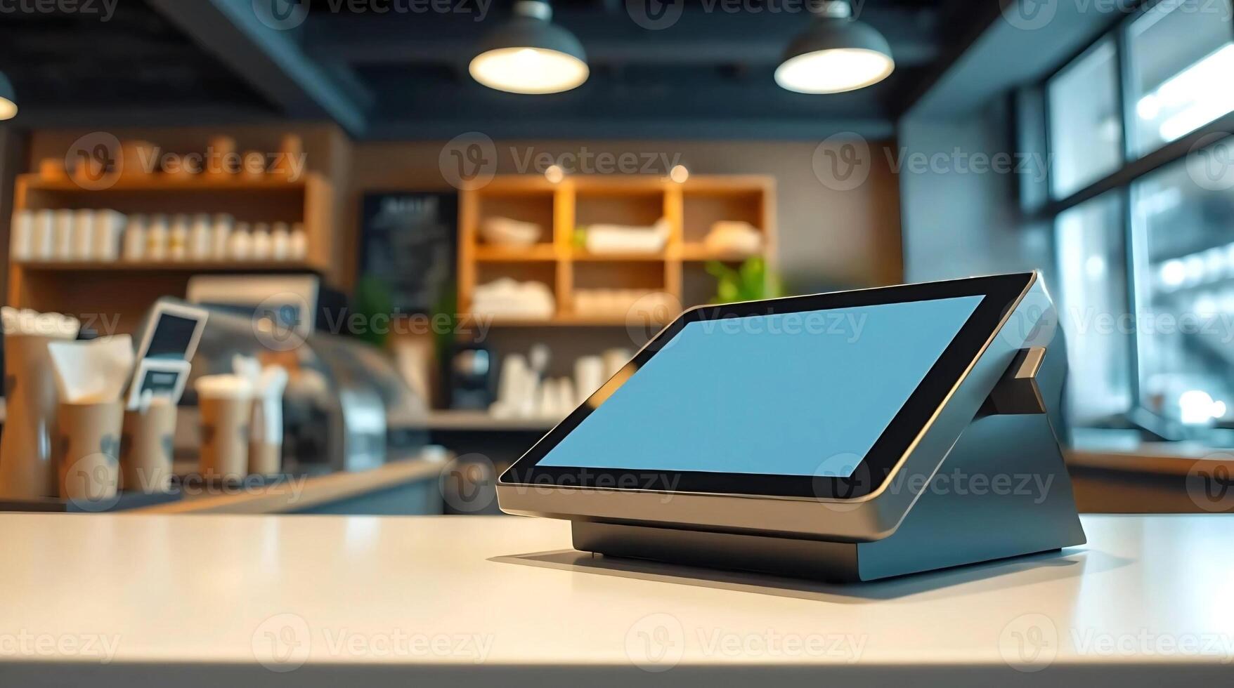 A tablet computer on a counter in a coffee shop photo