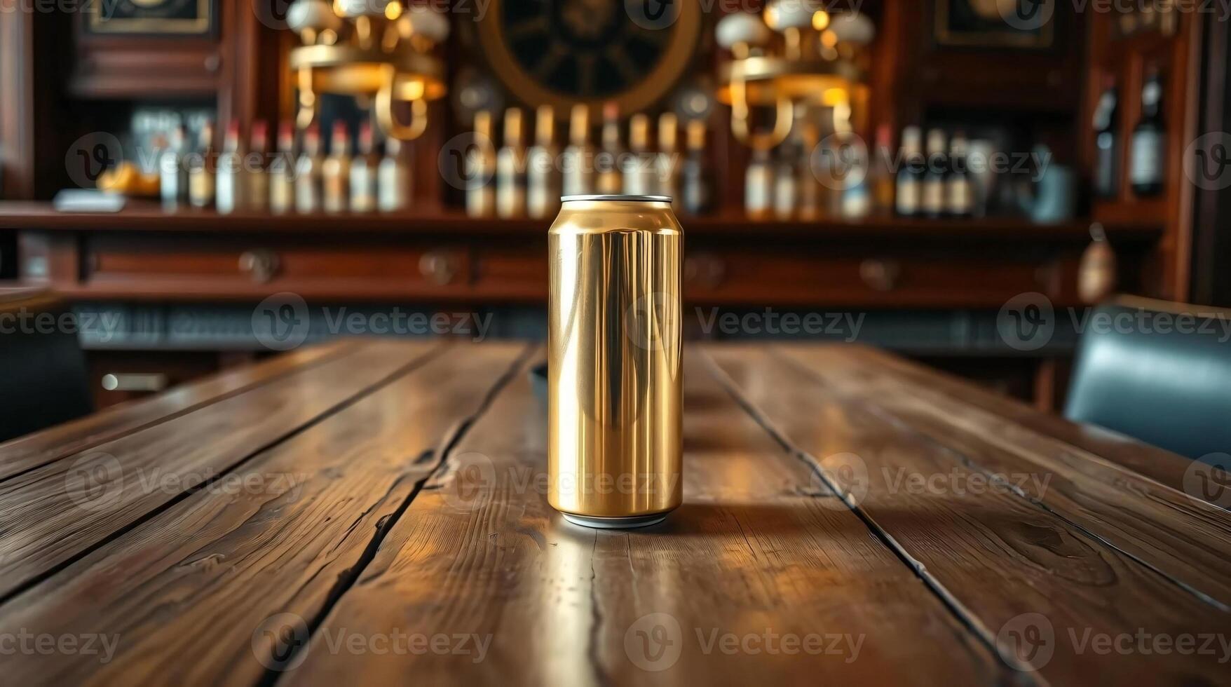 Golden beer can on wooden table in front of bar photo