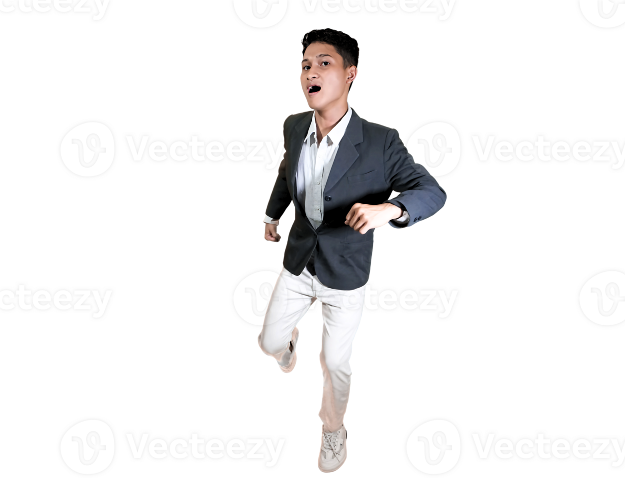 Dynamic Young Man in Suit Leaping Forward in Action Pose png