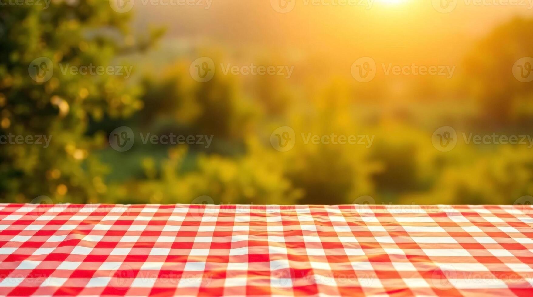 Tablecloth on the table with a view of the sunset photo