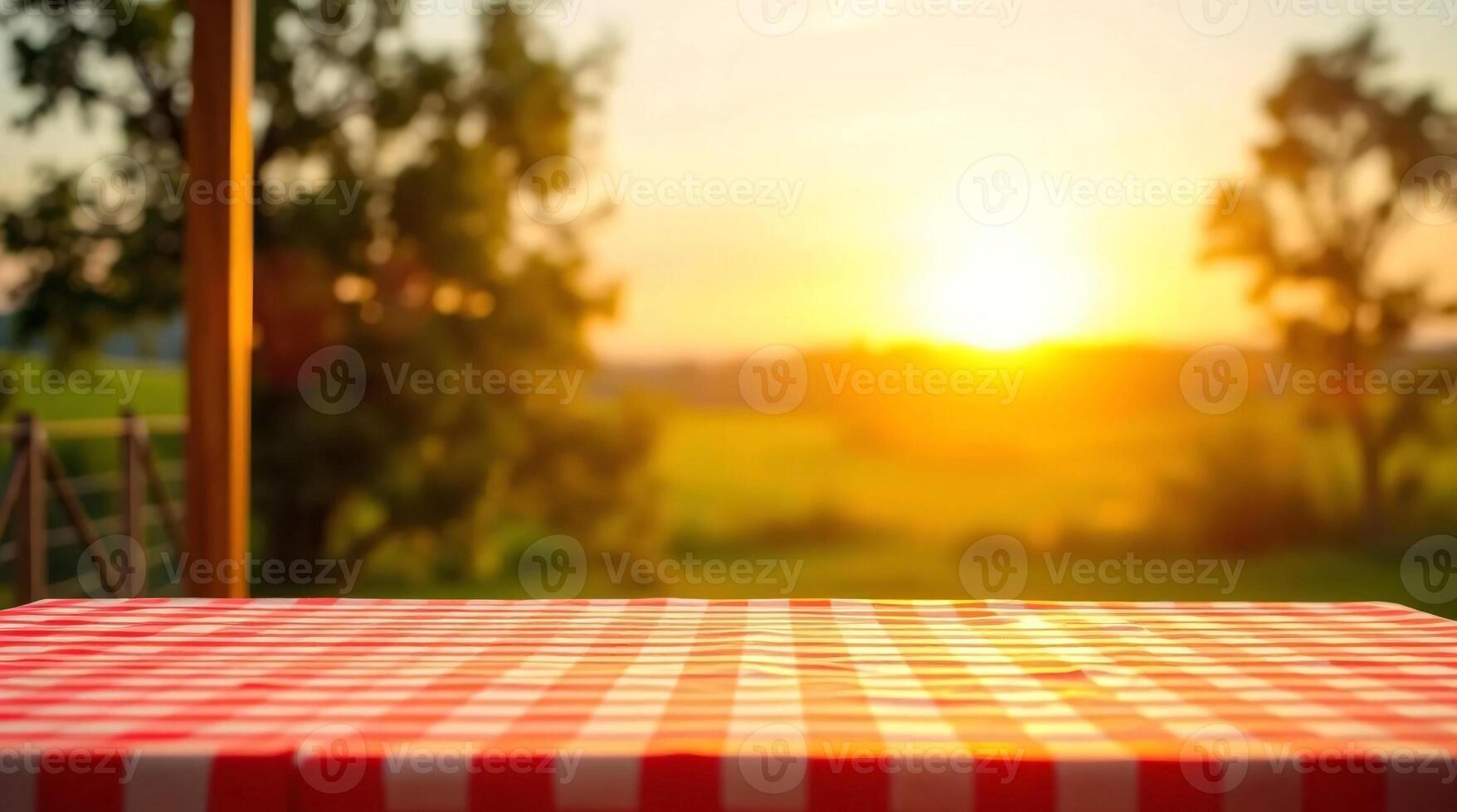 Tablecloth on the table with the sun setting in the background photo