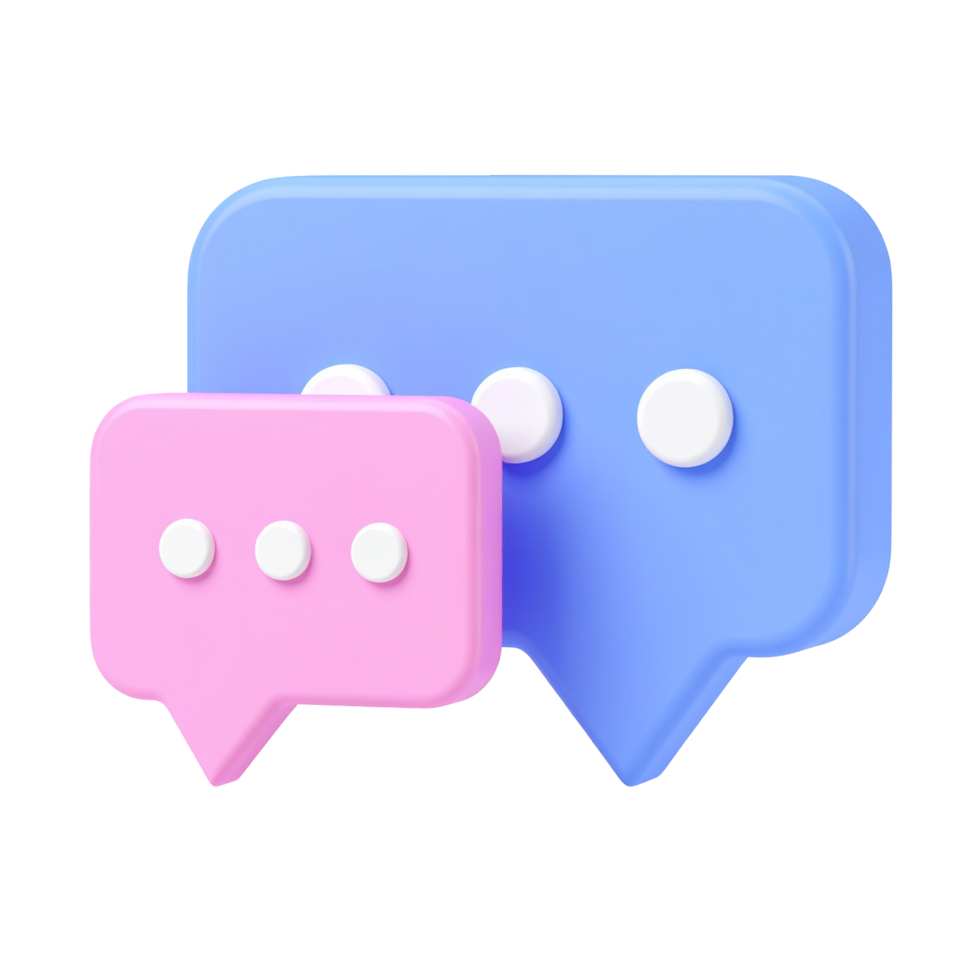 Two glossy speech bubbles in blue and pink on transparent background png