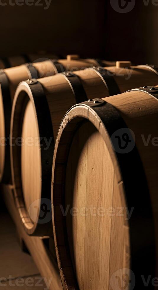Old cellar scene with aged wooden wine and beer barrels, quietly maturing fine spirits. A ready-to-use background for promoting alcoholic beverages, wine labels, and heritage tours in Italy photo