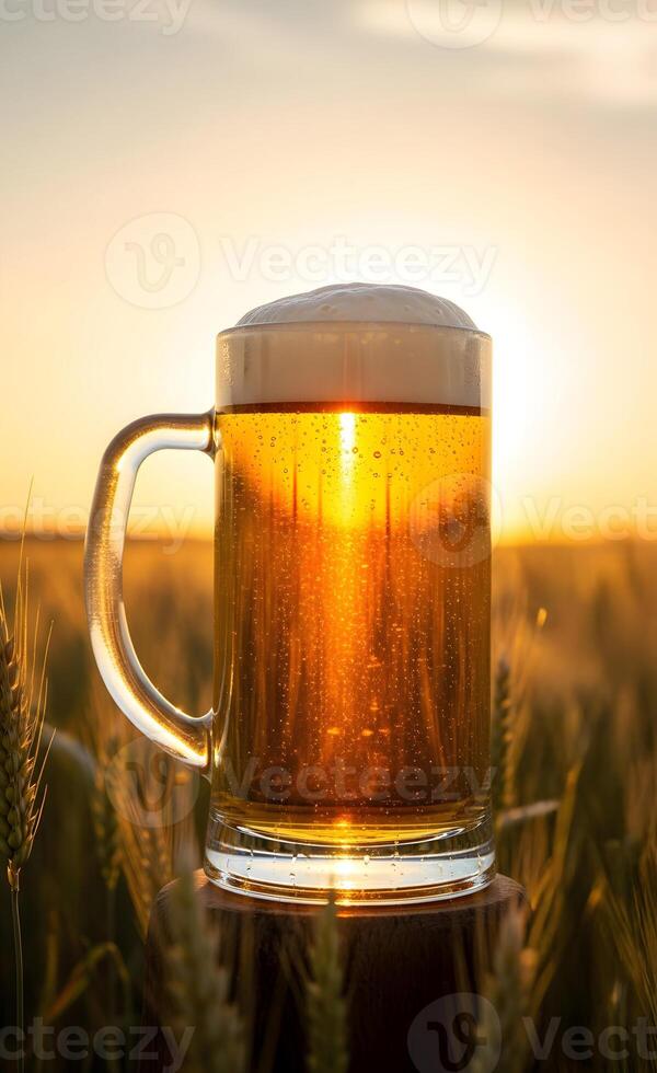 Beer mug with fresh light wheat beer on the background of a wheat field and sunset. Vertical template for advertising beer products, breweries and agricultural crops with space for text photo