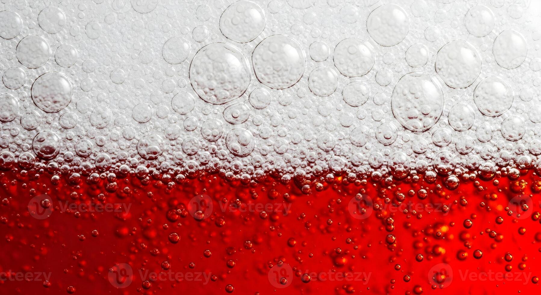Red beer in a glass close-up, bubbles and beer foam. Design template for advertising Oktoberfest, beer day, advertising fresh drinks with space for text photo