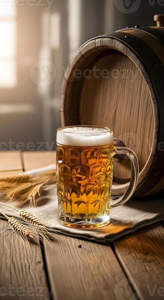 Beer in a glass mug with barrel photo