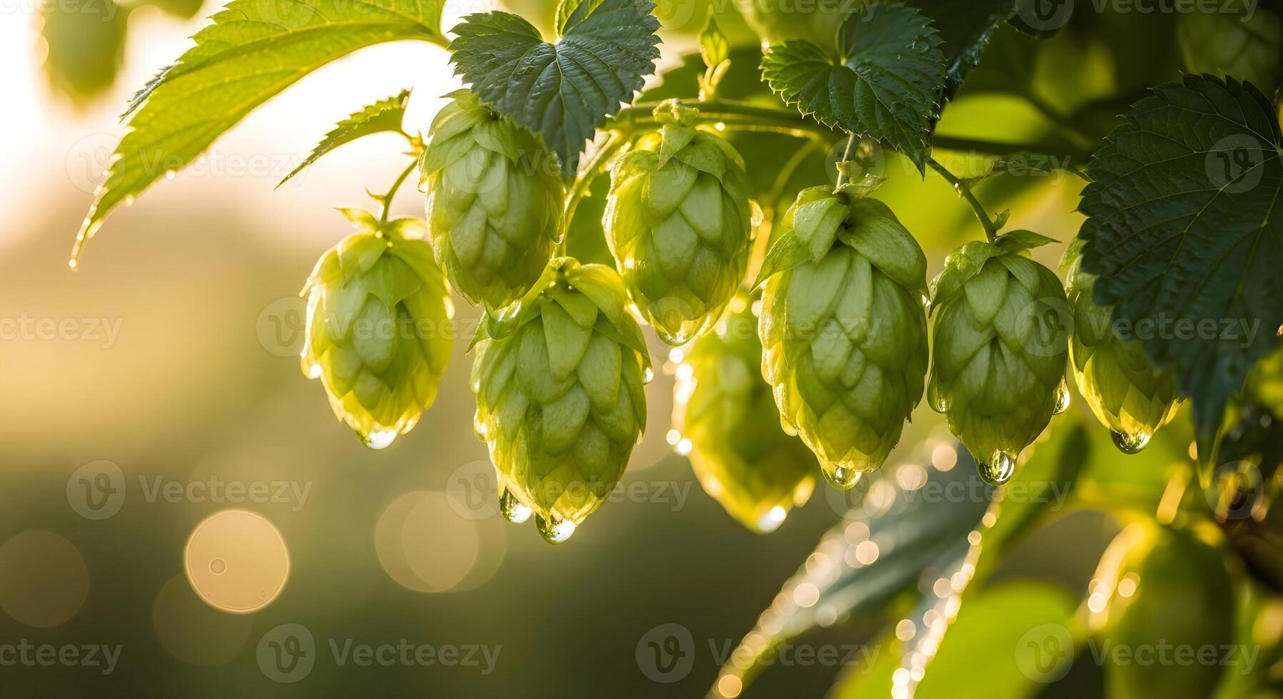Fresh hop cones on plant vine photo