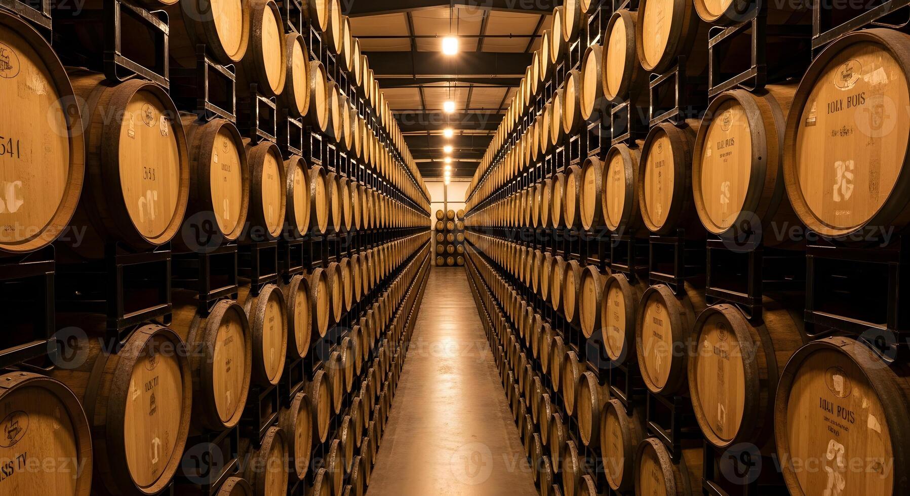 Old wooden wine or beer barrels in a cellar, storing and aging alcohol. photo