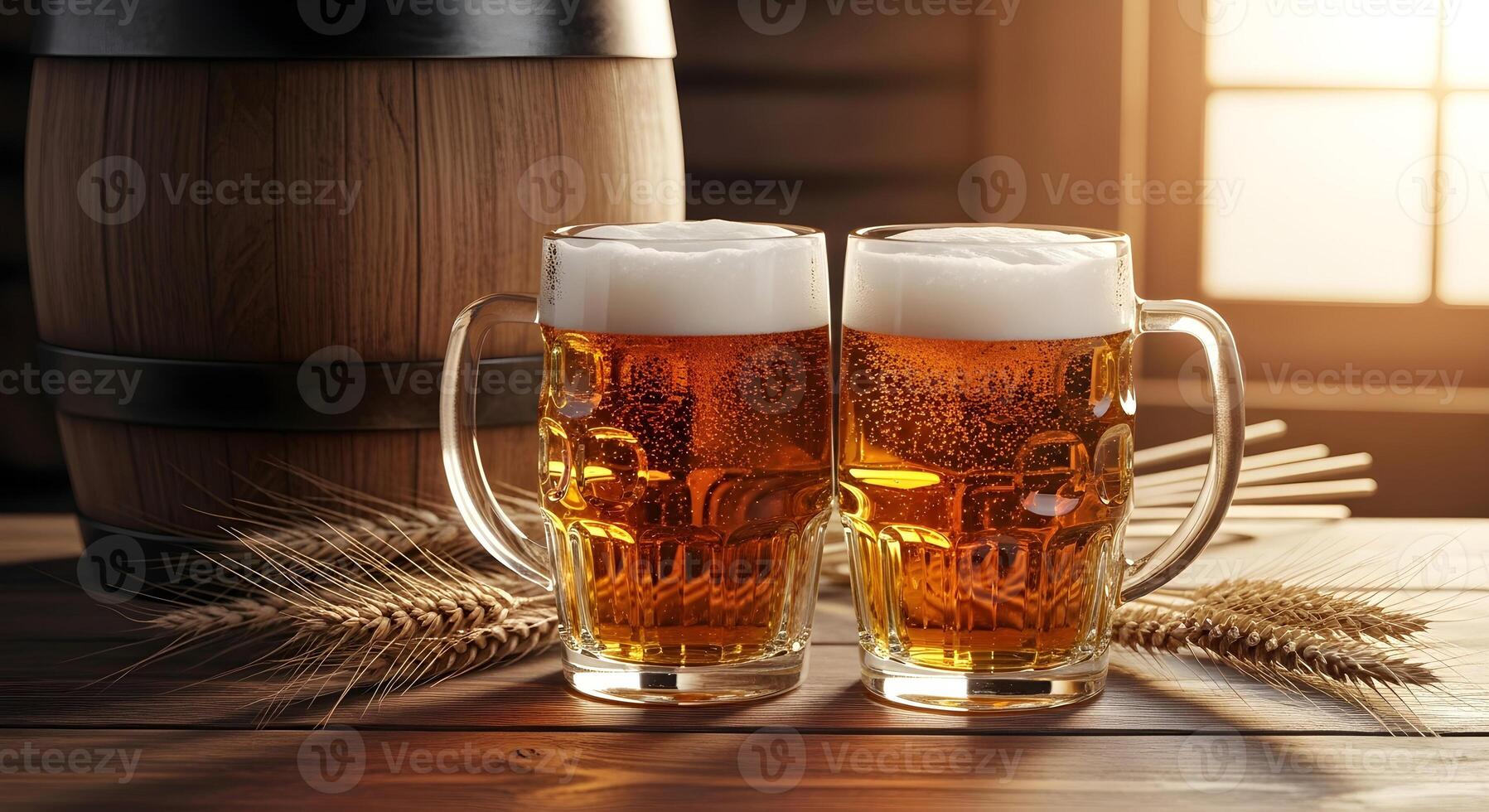 Two mugs of fresh light beer on the background of wooden barrels with wheat and window. Banner template for advertising a brewery, beer festivals and International Beer Day with space for text photo