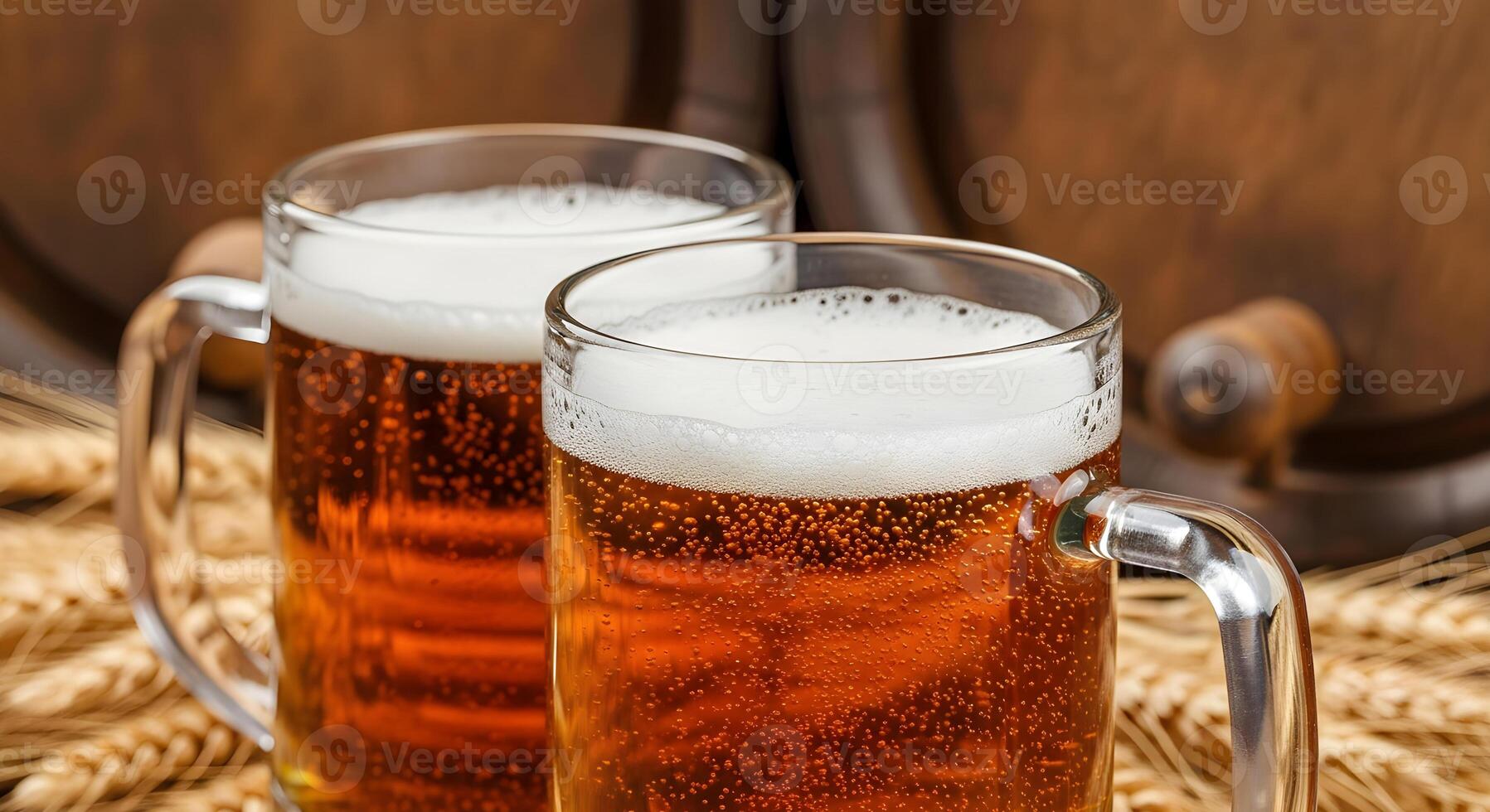 Two mugs of fresh light beer on the background of wooden barrels with wheat. Close up template for advertising a brewery, beer festivals and international beer day with space for text photo
