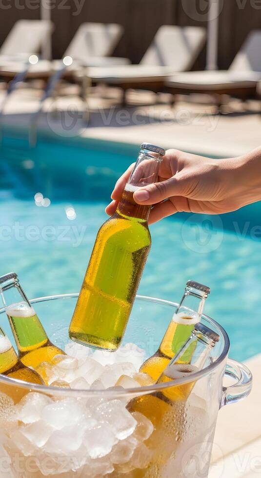 Bottles of gold beer in a bucket with ice on the background of a swimming pool. Summer mockup banner template for advertising beer brand, pool party, vacation and lager beer, International Beer Day photo