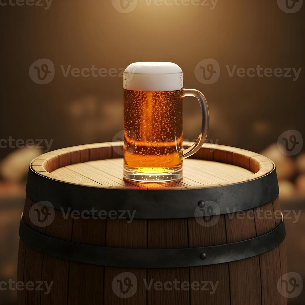 Mug of fresh light beer on a wooden barrel. Design template for advertising a brewery, beer festivals and International Beer Day with space for text photo