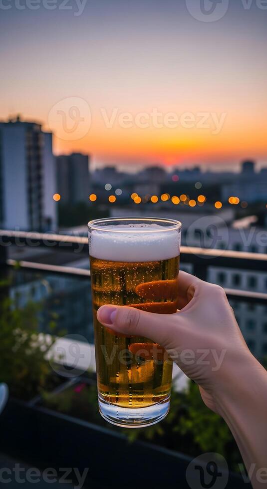 Hand holding a full mug of light beer against the night city. Vertical template for St. Patrick's Day, beer parties, Oktoberfest and beer factory advertising with space for text photo
