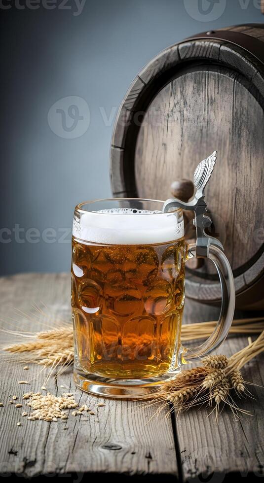 Mug of fresh light beer on the background of wooden barrels with wheat and a blue wall. Vertical template for advertising a brewery, beer festivals and International Beer Day with space for text photo