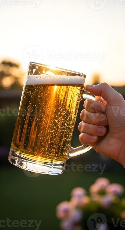 Hand holding a full mug of light beer against the backyard. Vertical template for St. Patrick's Day, beer parties, Oktoberfest and beer factory advertising with space for text photo