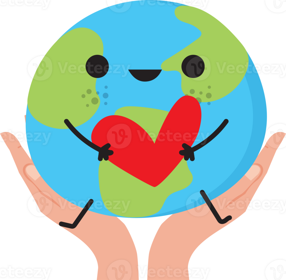 Cartoon Earth Character with Heart Held by Hands png