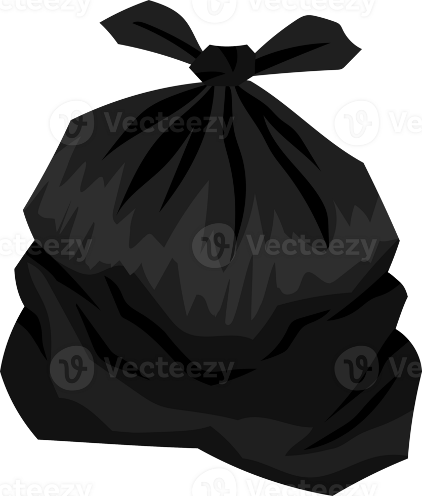 Garbage bag black color, flat cartoon and illustration, trash disposal waste concept. png