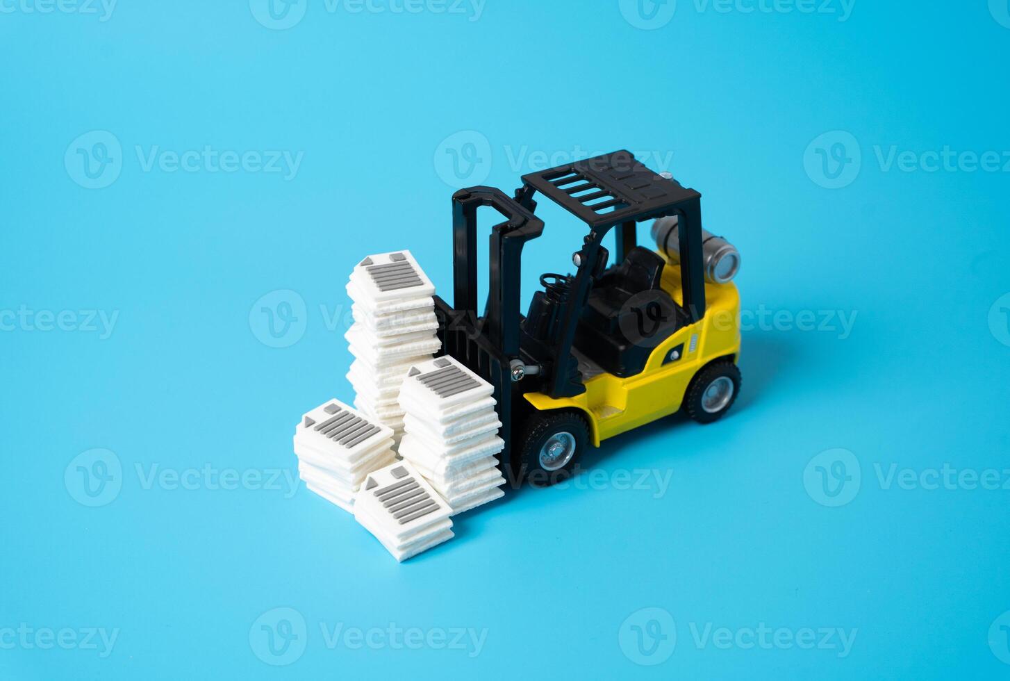 A forklift transports stacks of documents. Heavy bureaucracy and paperwork clutter. Overwhelming scale of bureaucratic systems, inefficient workflows. Manual handling of data, administrative overload photo