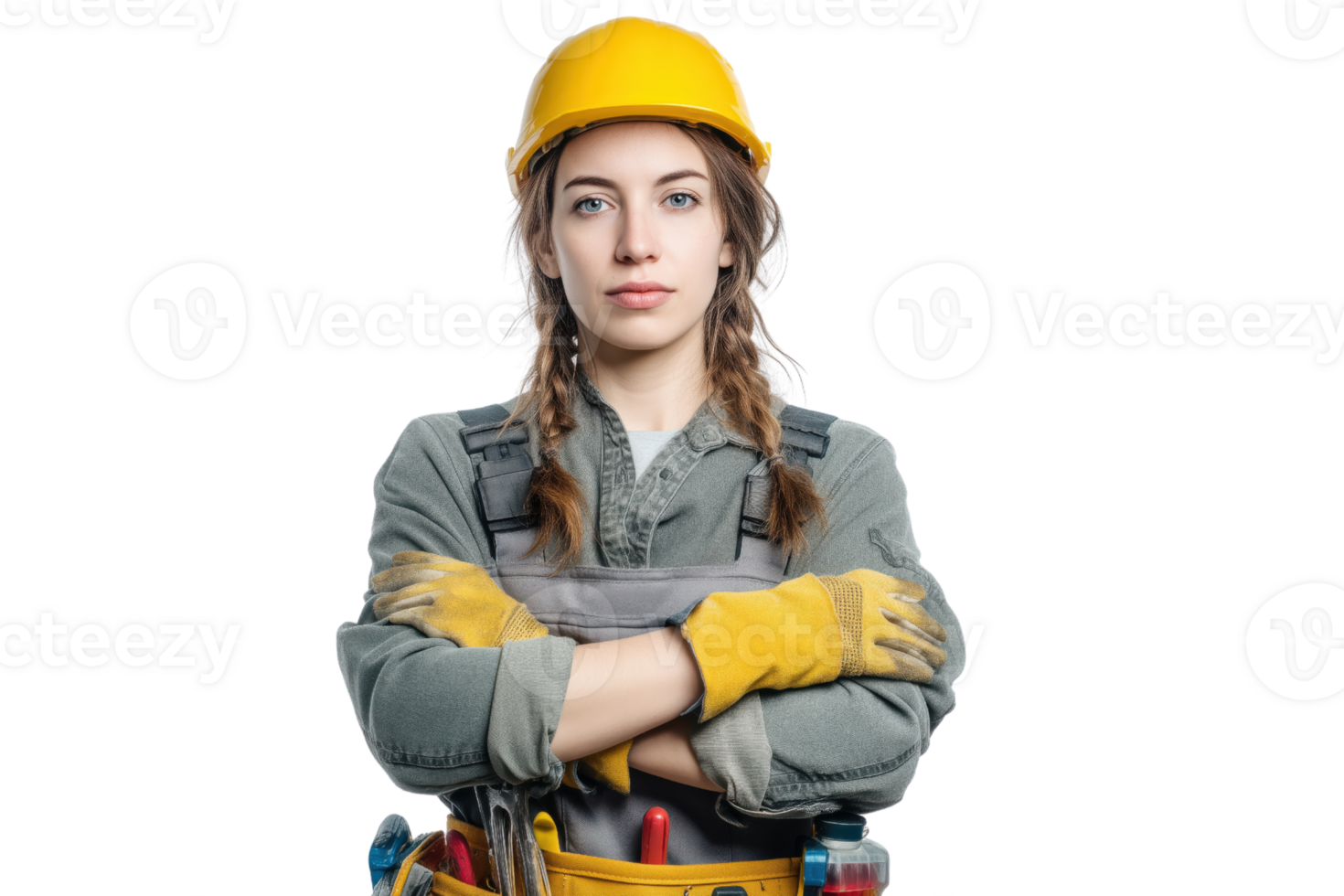 Female electrical engineer in safety gear with tools and utility belt Isolated on transparent Background png