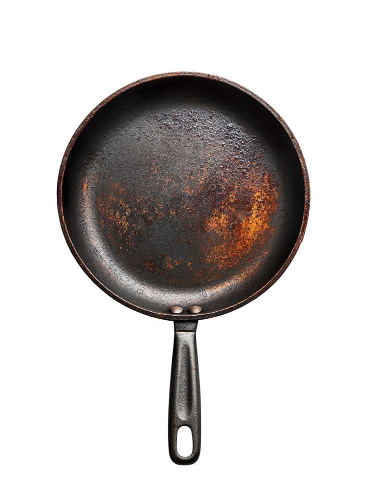 Old Rusty Frying Pan with Worn Surface and Metal Handle Top View png