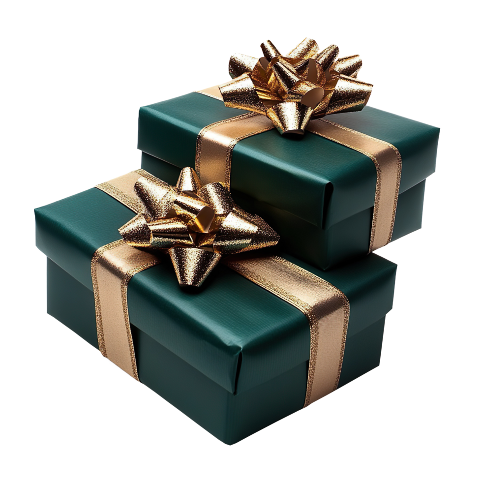 Elegant Emerald Green Gift Boxes with Gold Ribbon and Glitter Bow Isolated on Transparent Background png