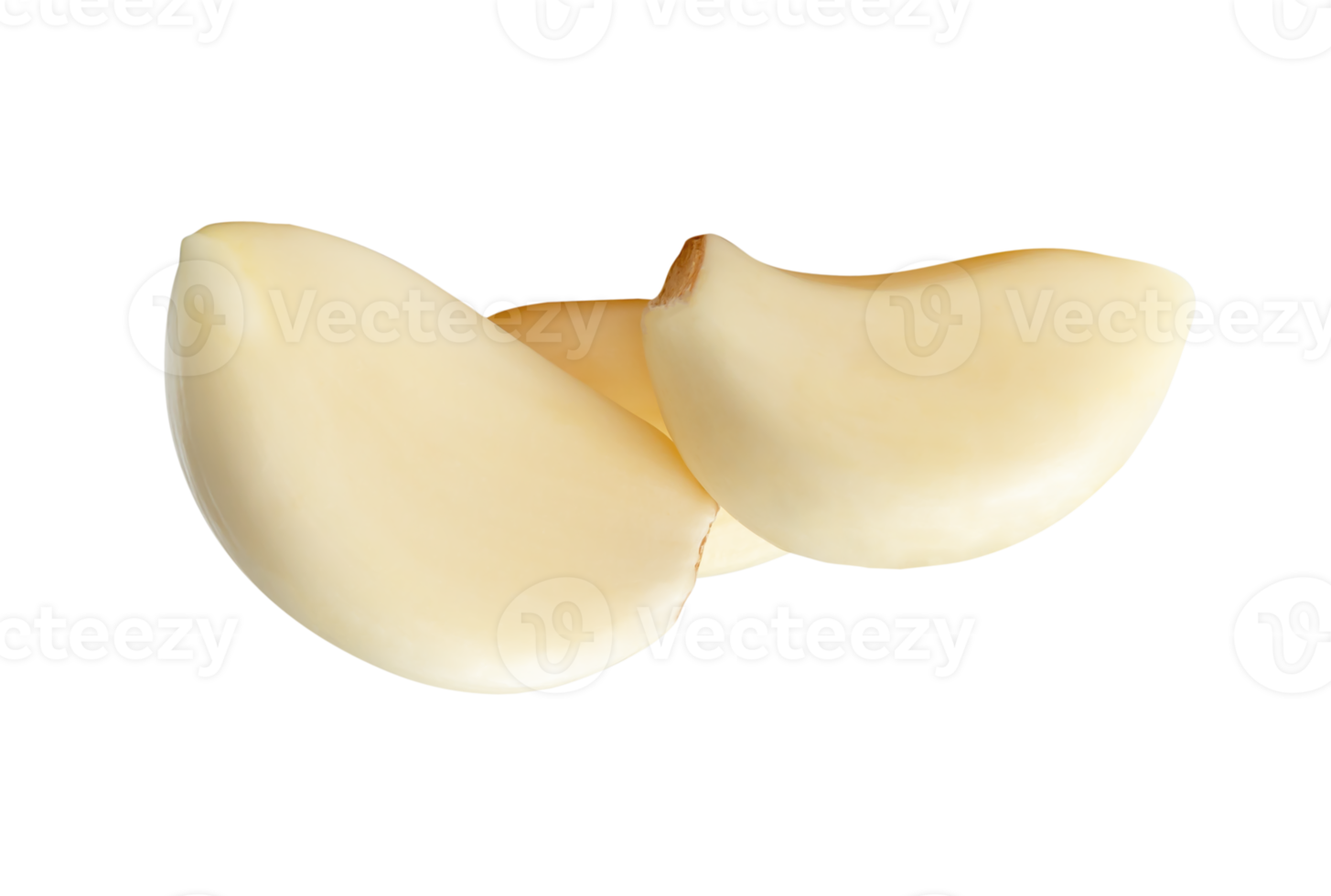 Three white peeled garlic cloves or pieces in small stack isolated with clipping path in file format png